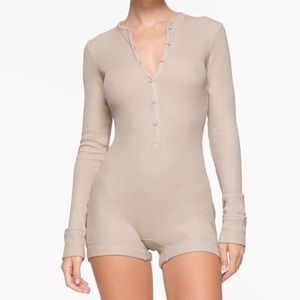 Waffle Button Up Henley Onsie Size L - Stone